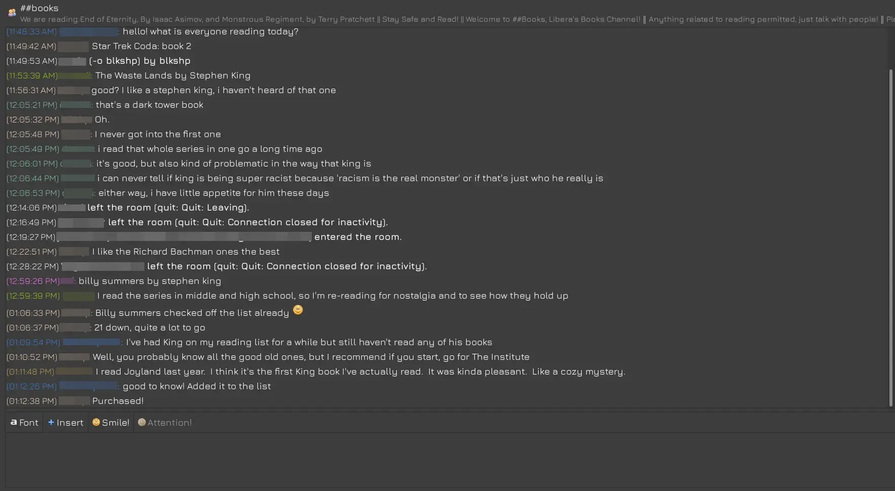 Picture showing typical interface for an IRC channel. It shows people talking about Stephen King books.